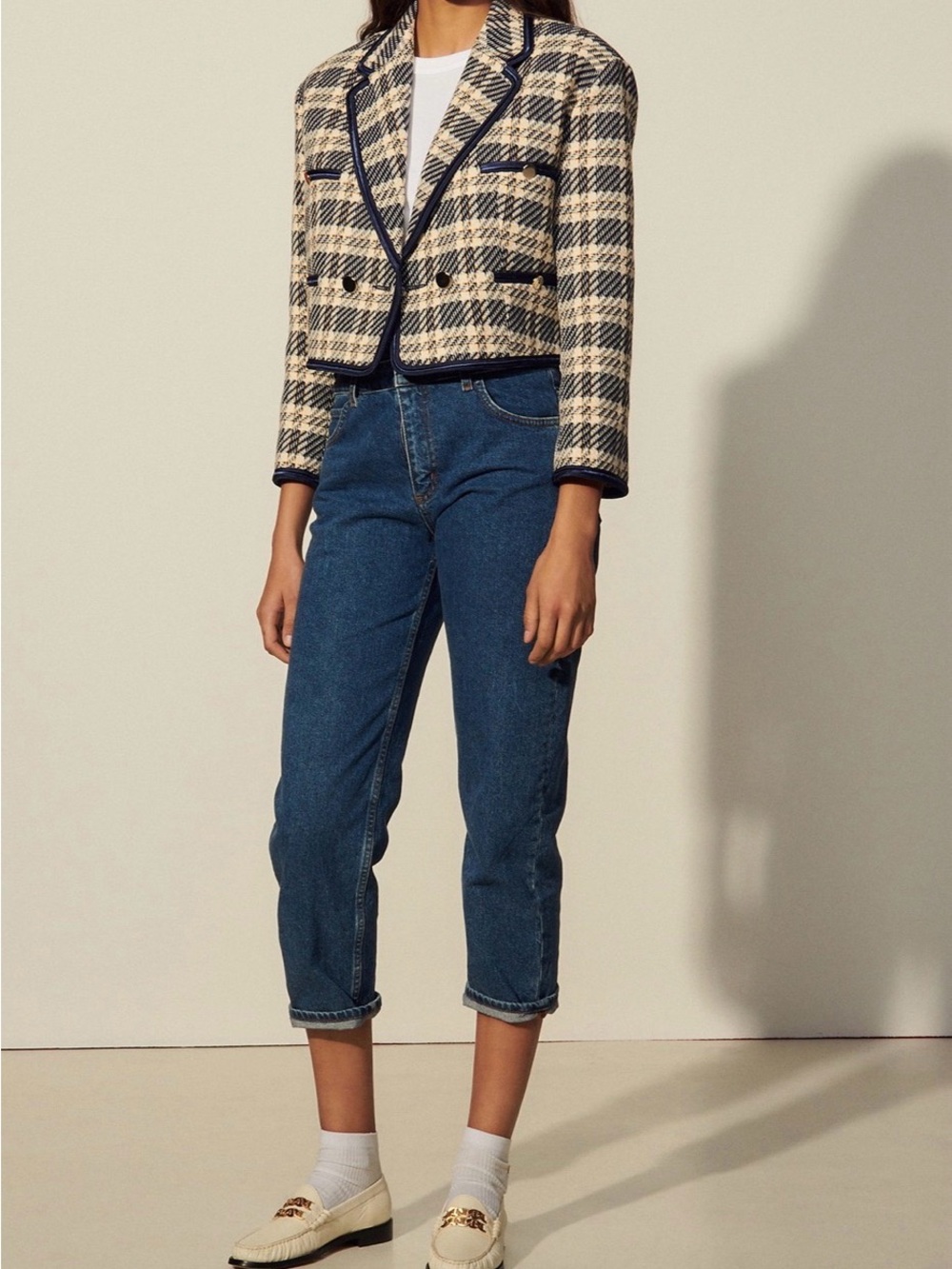 Sandro Cropped Plaid Tweed Jacket in Beige and Navy - Picture 2 of 6